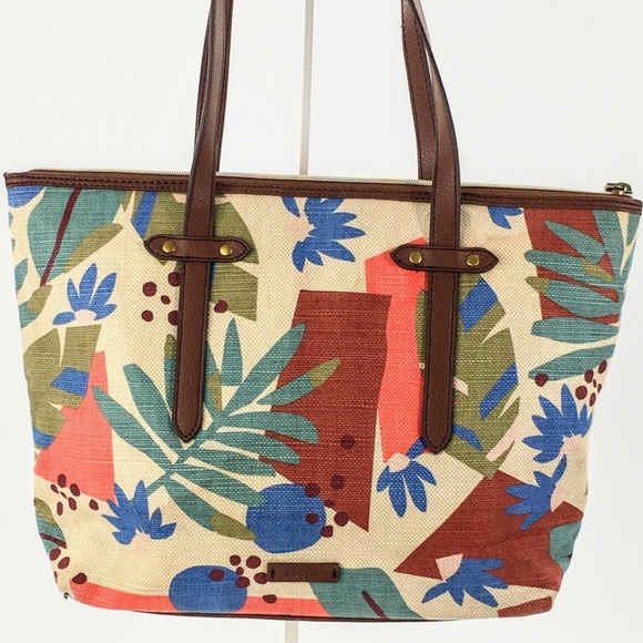 Fossil Canvas Tote Tan Floral Leaf Print Zip Top Medium Textile Shoulder Bag - Picture 2 of 16